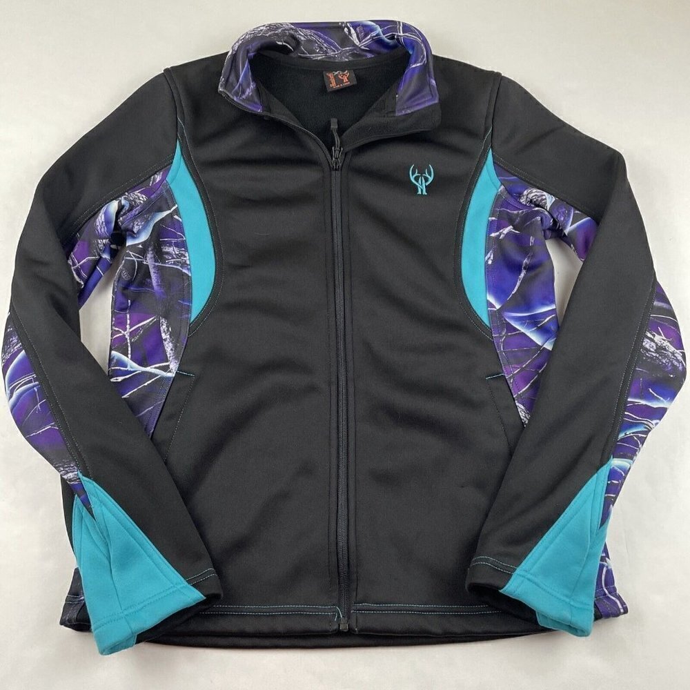 Huntworth Fleece Lined Softshell Jacket Women’s M Black Purple Camo Trim Poly